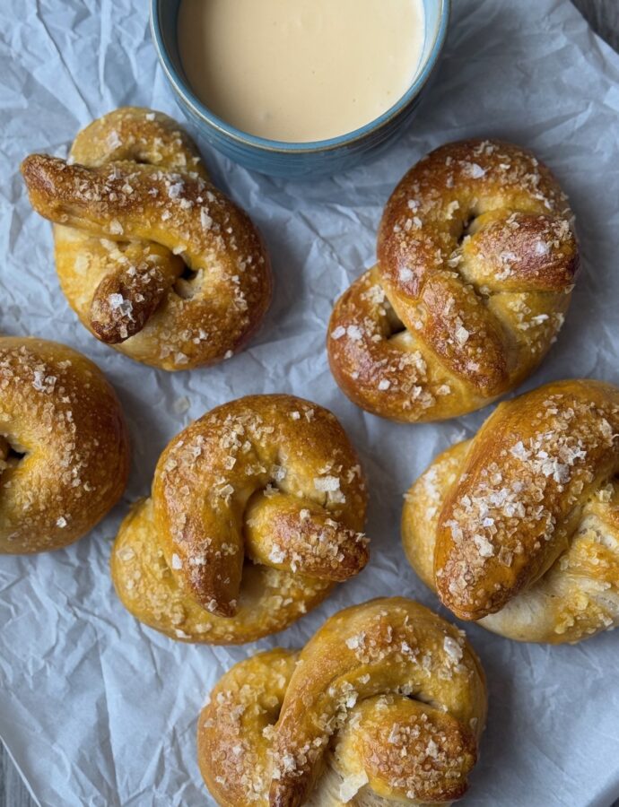 SOURDOUGH BAKED PRETZELS & CHEESE SAUCE